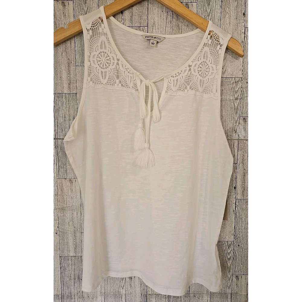 Frye & Co Tank Top LARGE Split Tie Neck Sleeveless Creme Womens NEW